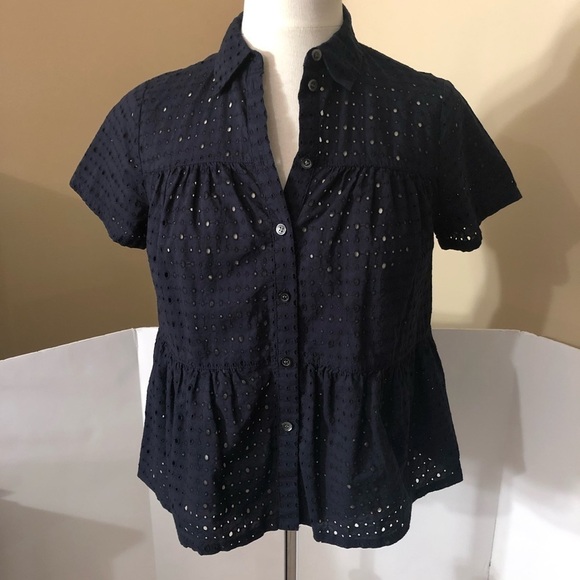 Madewell Eyelet Seam Button Down Navy Shirt Sz XS - Picture 3 of 8